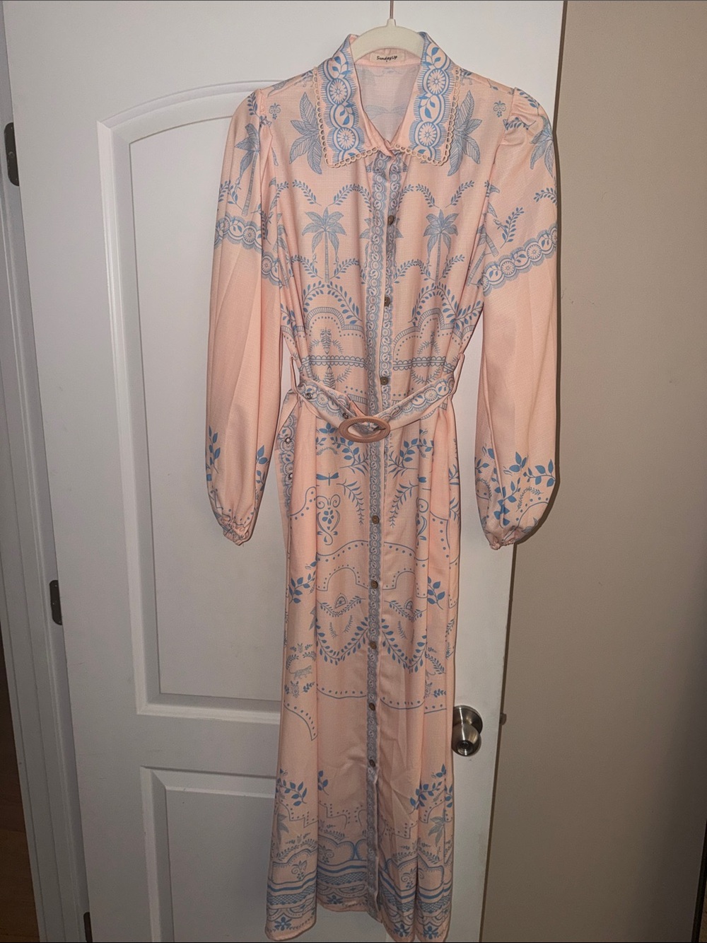 Peach Floral-Print Long Sleeve Maxi Dress with Belt